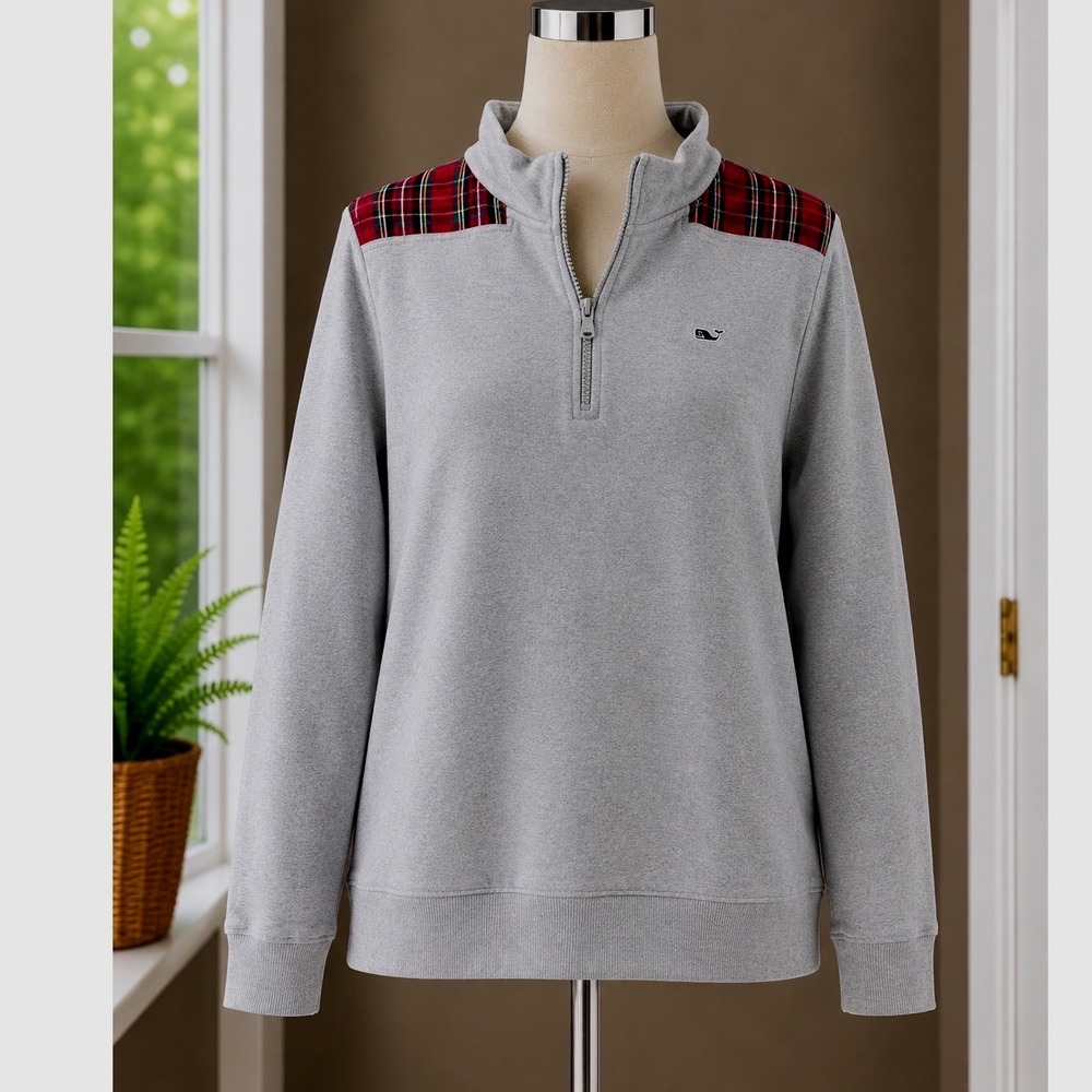 Vineyard Vines Mens XL Quarter Zip Pullover Gray Red Plaid Yoke Cotton Sweater